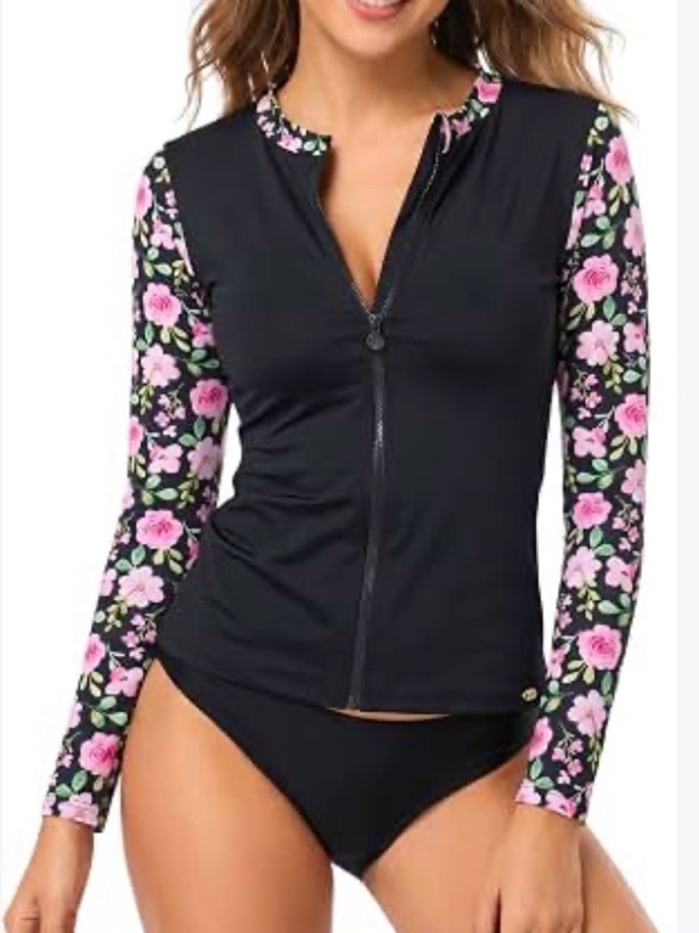 Betsey Johnson Black Zip-Front Rash Guard with Pink Floral Sleeves